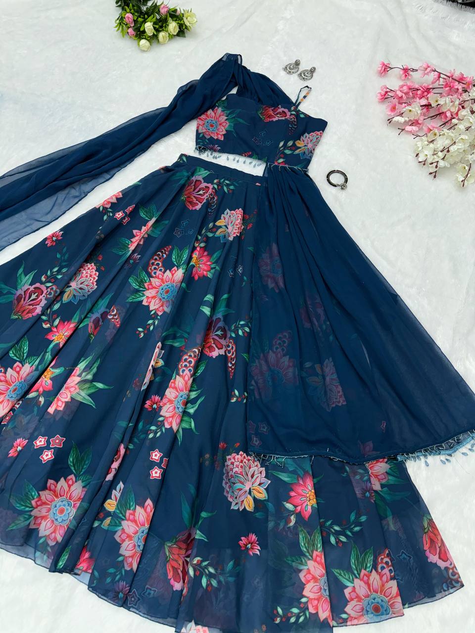 Outstanding Georgette Navy Blue Color Lehenga Choli