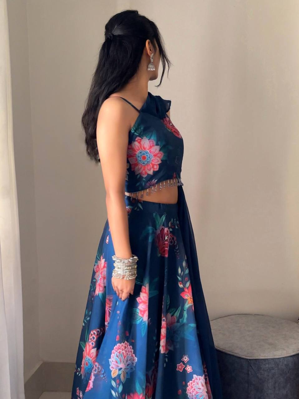 Outstanding Georgette Navy Blue Color Lehenga Choli