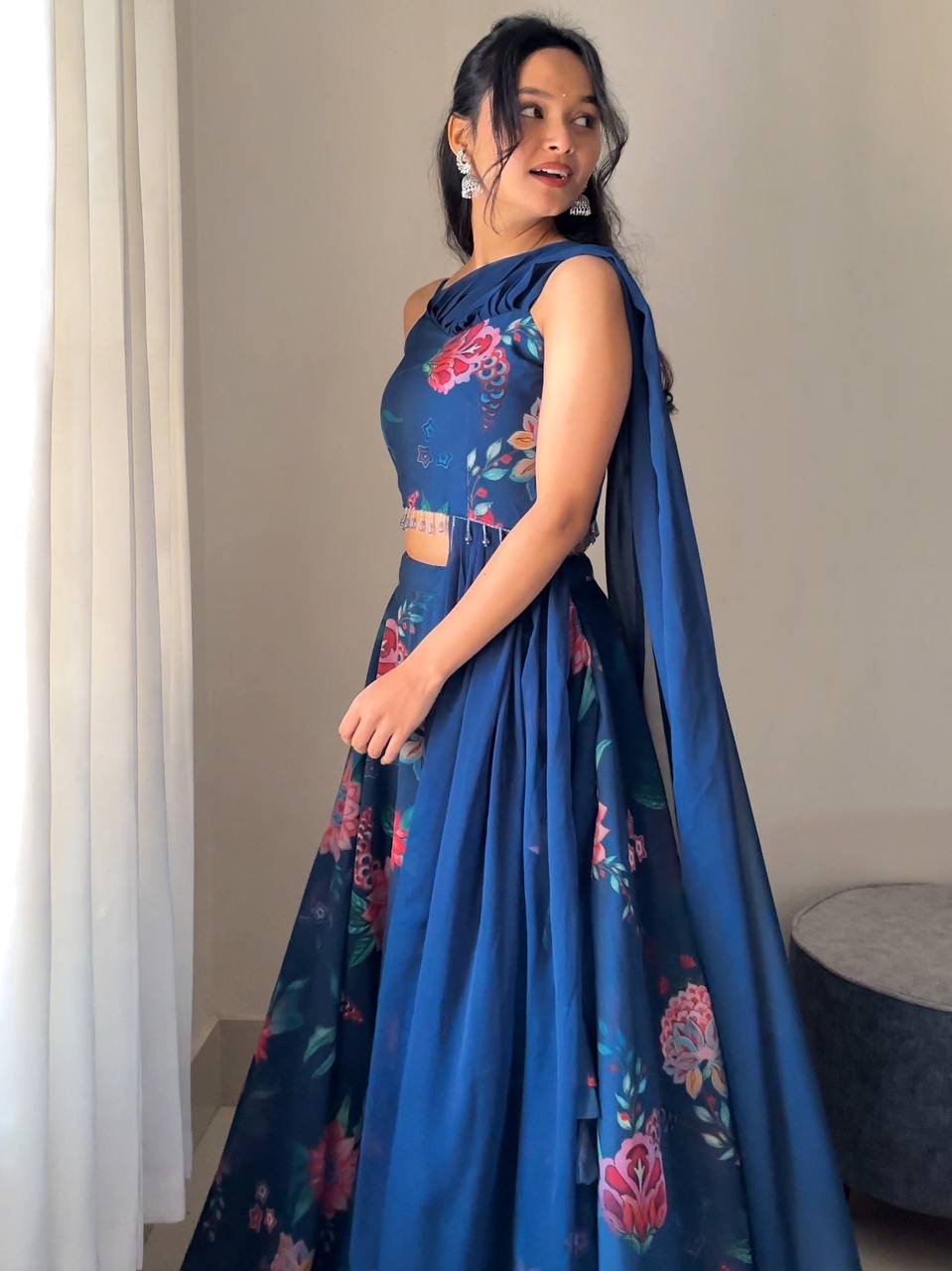 Outstanding Georgette Navy Blue Color Lehenga Choli
