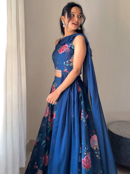 Outstanding Georgette Navy Blue Color Lehenga Choli