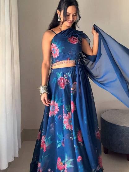 Outstanding Georgette Navy Blue Color Lehenga Choli