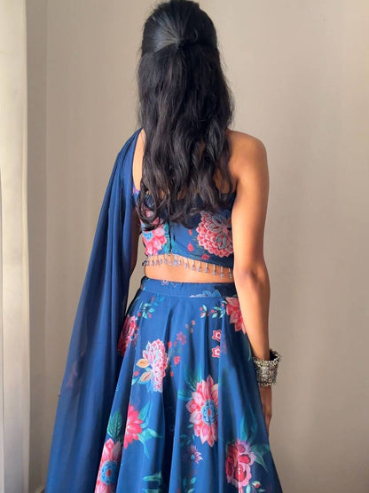 Outstanding Georgette Navy Blue Color Lehenga Choli
