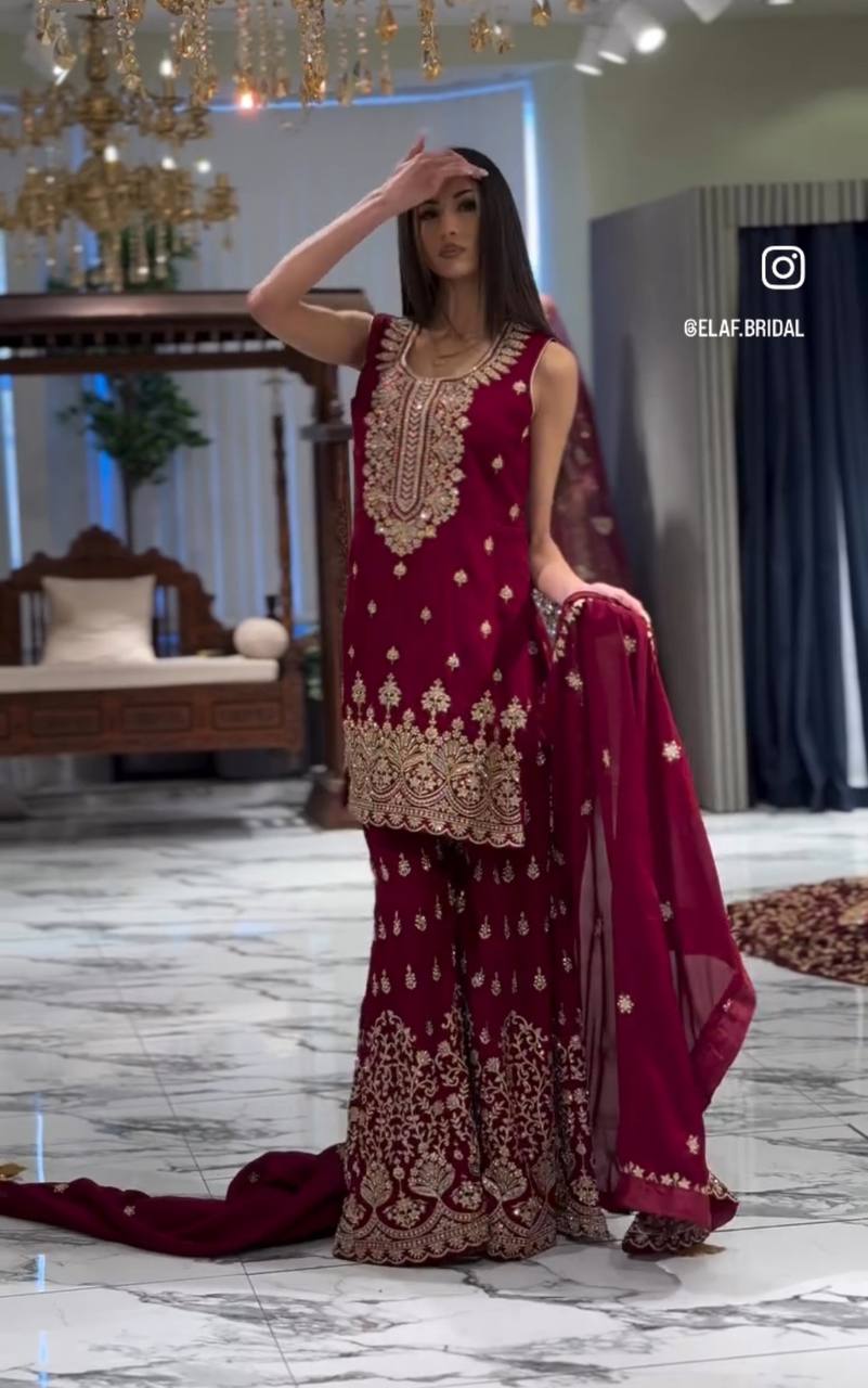 Demanding Georgette Red Color Sharara Suit