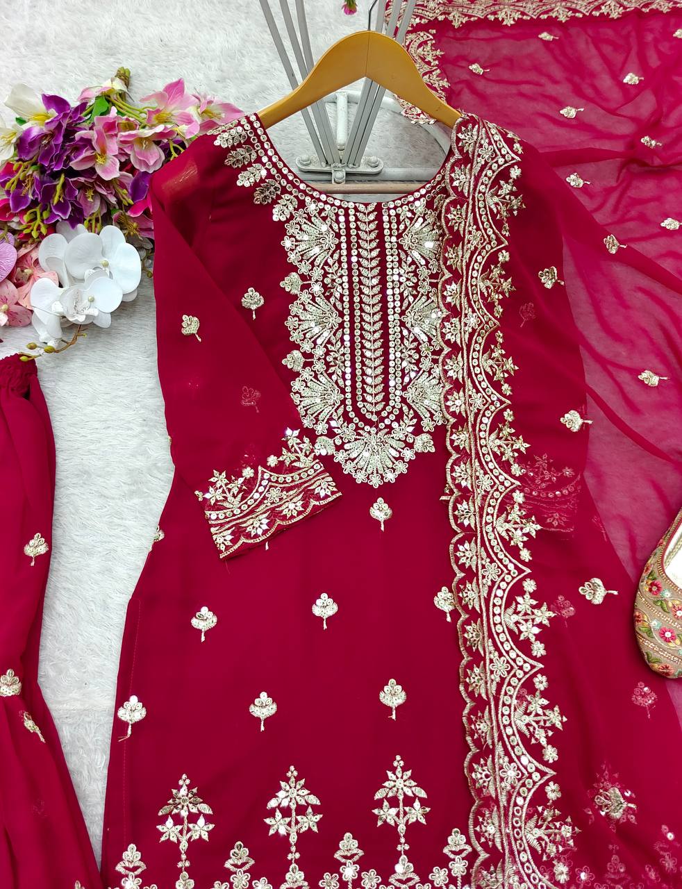 Demanding Georgette Red Color Sharara Suit
