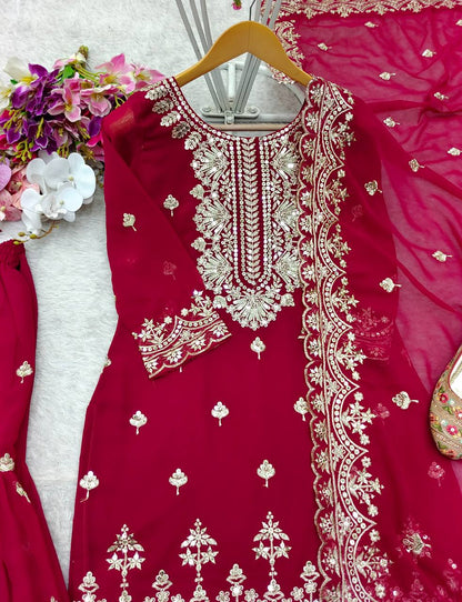 Demanding Georgette Red Color Sharara Suit