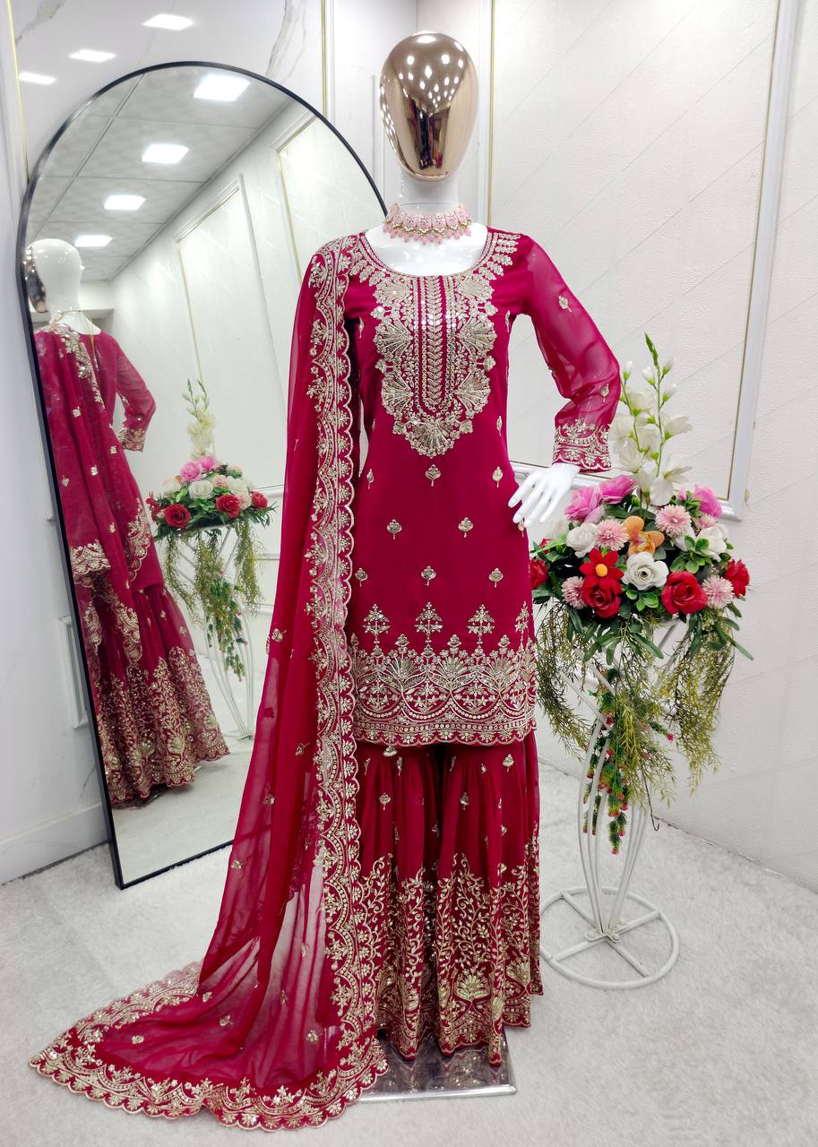 Demanding Georgette Red Color Sharara Suit
