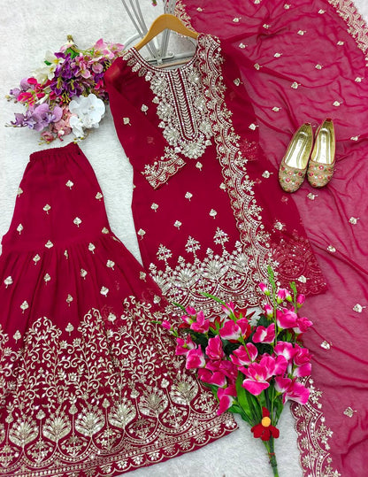 Demanding Georgette Red Color Sharara Suit