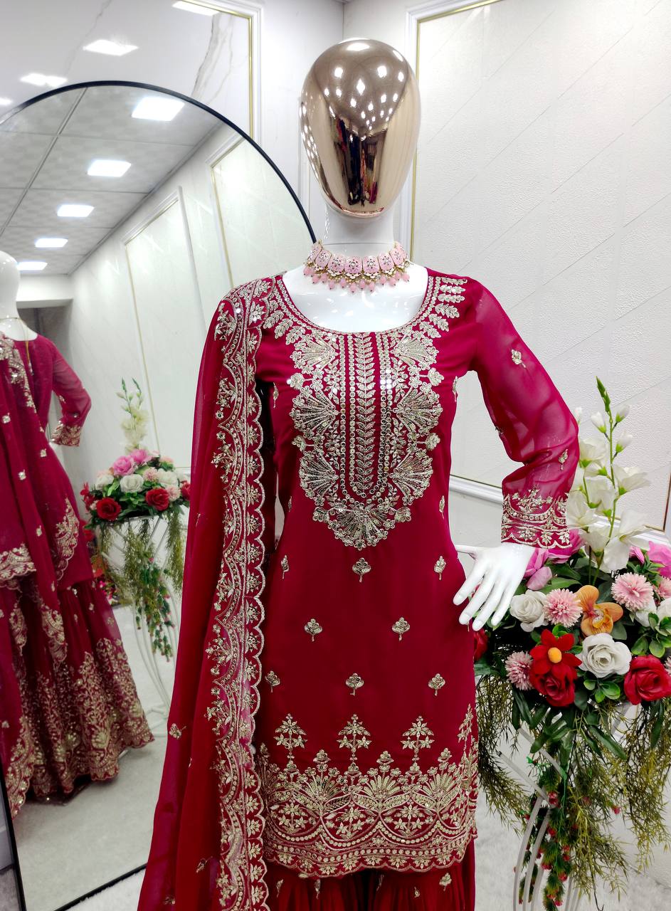 Demanding Georgette Red Color Sharara Suit