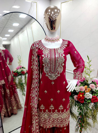 Demanding Georgette Red Color Sharara Suit