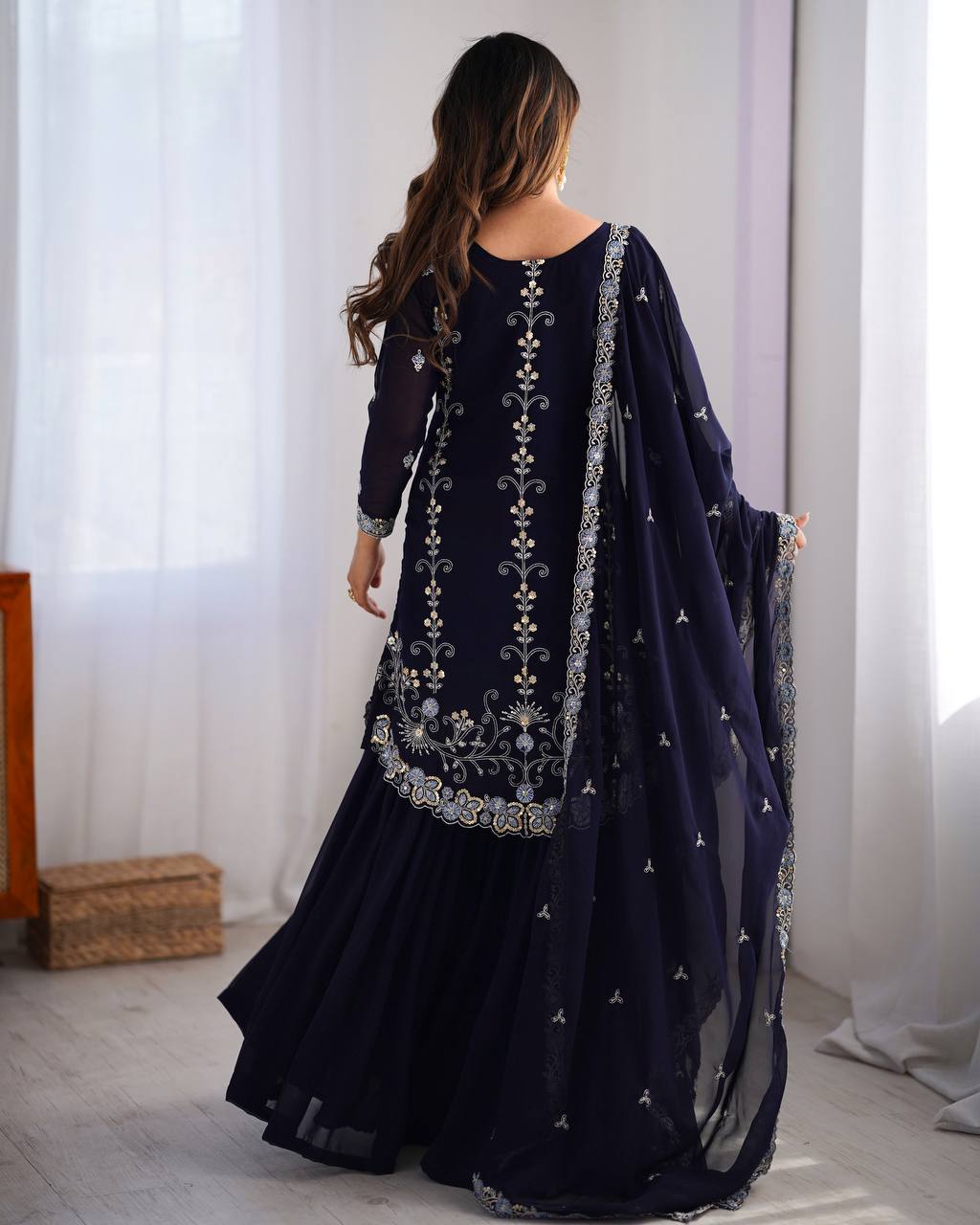 Eyes Catching Georgette Navy Blue Color Sharara Suit