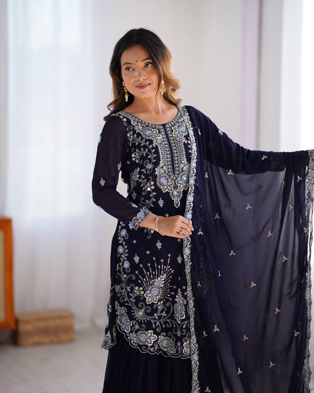 Eyes Catching Georgette Navy Blue Color Sharara Suit