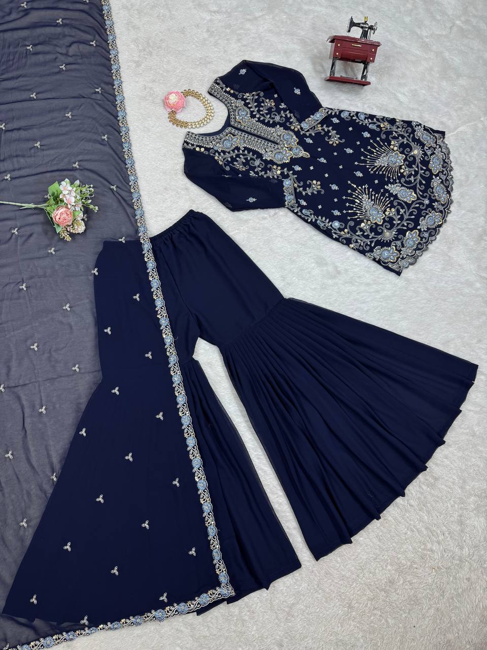 Eyes Catching Georgette Navy Blue Color Sharara Suit