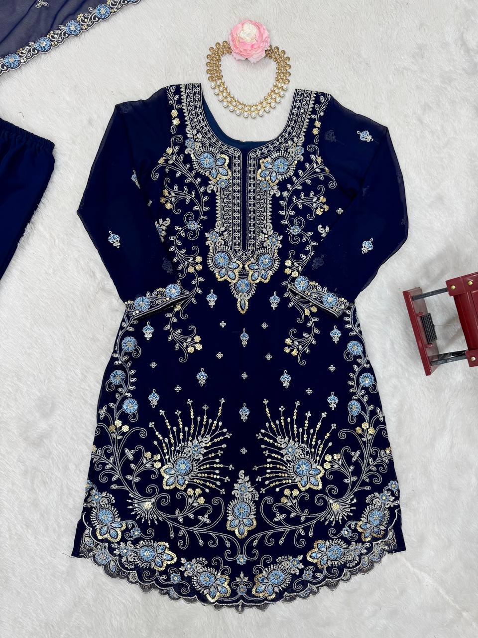 Eyes Catching Georgette Navy Blue Color Sharara Suit