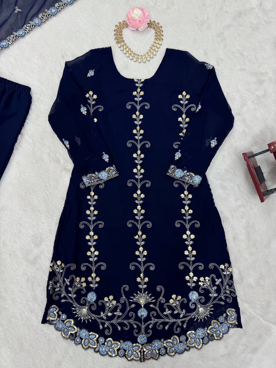 Eyes Catching Georgette Navy Blue Color Sharara Suit