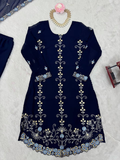 Eyes Catching Georgette Navy Blue Color Sharara Suit