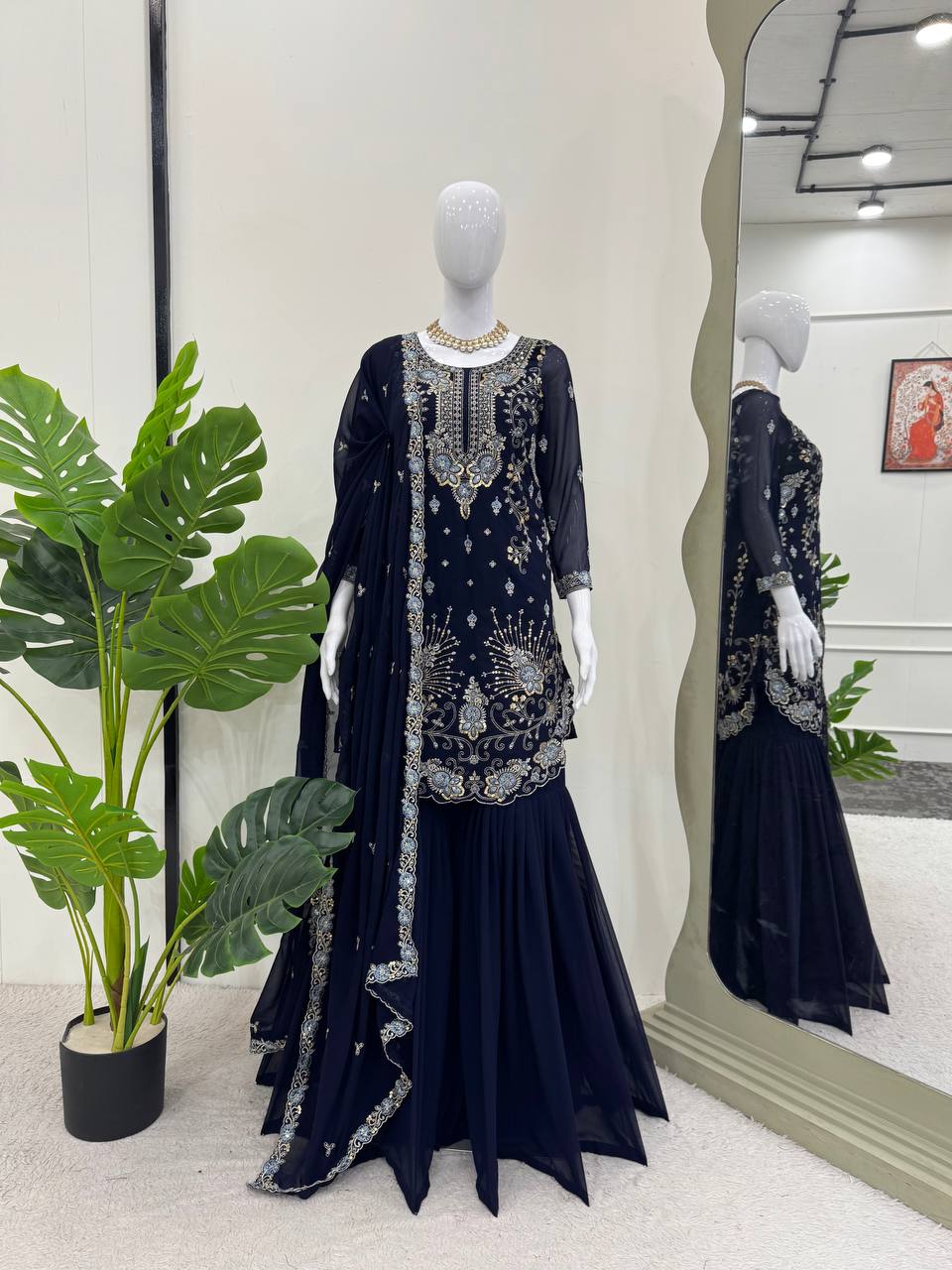 Eyes Catching Georgette Navy Blue Color Sharara Suit