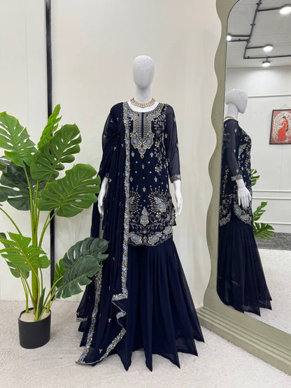 Eyes Catching Georgette Navy Blue Color Sharara Suit