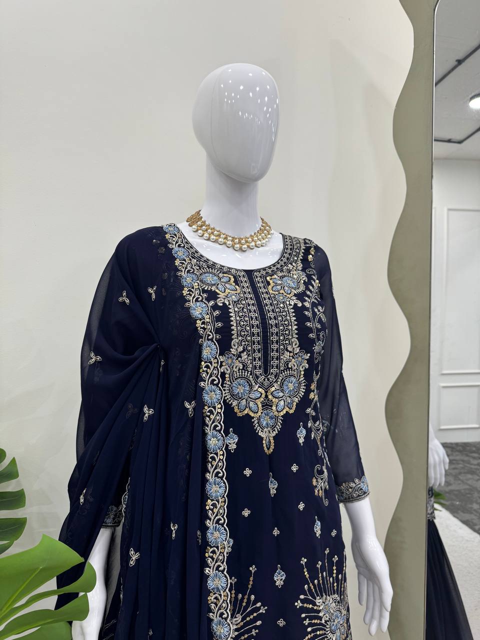 Eyes Catching Georgette Navy Blue Color Sharara Suit