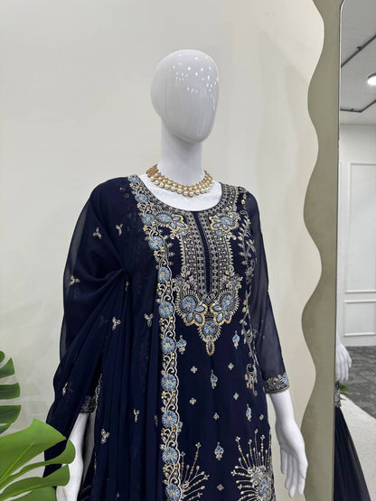 Eyes Catching Georgette Navy Blue Color Sharara Suit