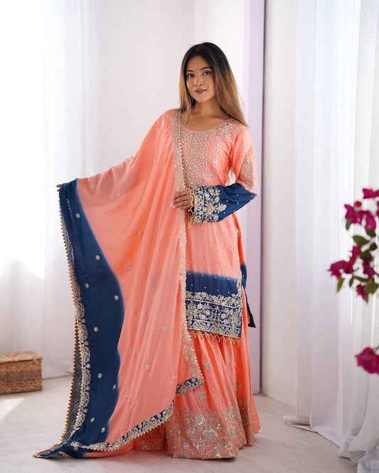 Good Looking Chinon Silk Rivet Moti Peach Color Sharara Suit