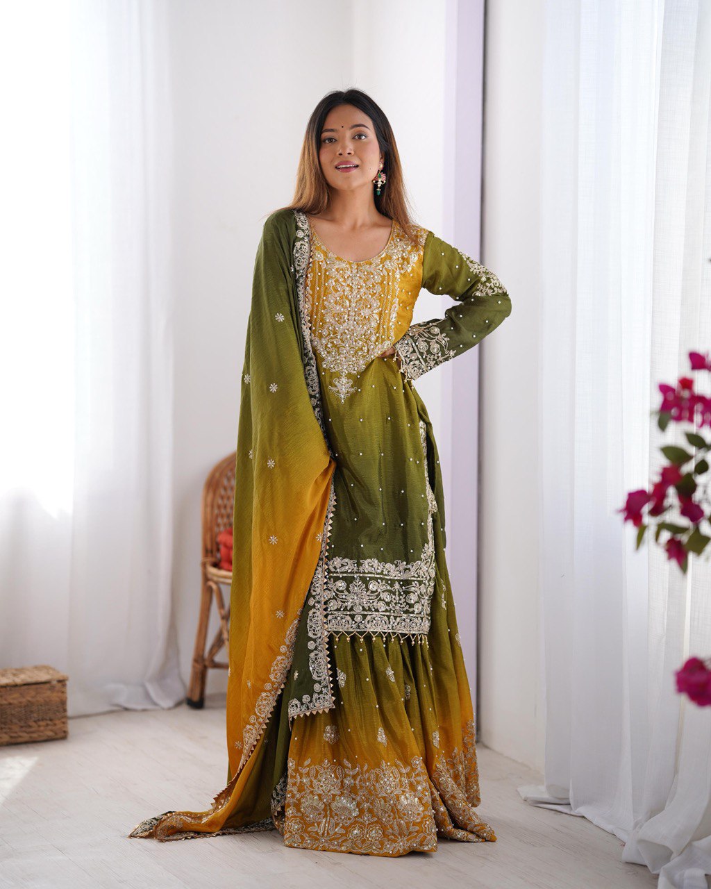 Good Looking Chinon Silk Rivet Moti Yellow Color Sharara Suit