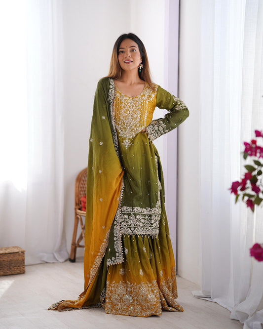 Good Looking Chinon Silk Rivet Moti Yellow Color Sharara Suit