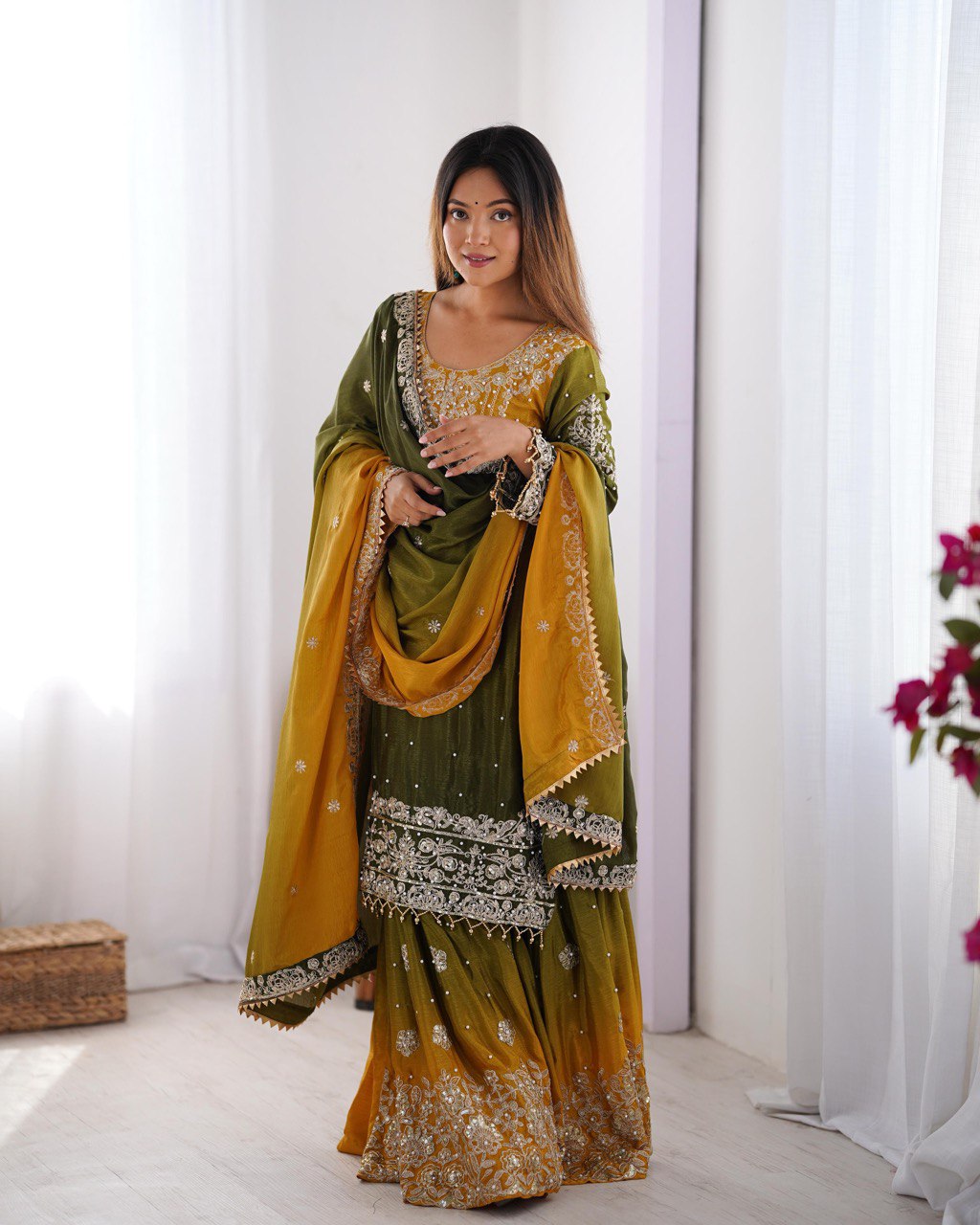 Good Looking Chinon Silk Rivet Moti Yellow Color Sharara Suit