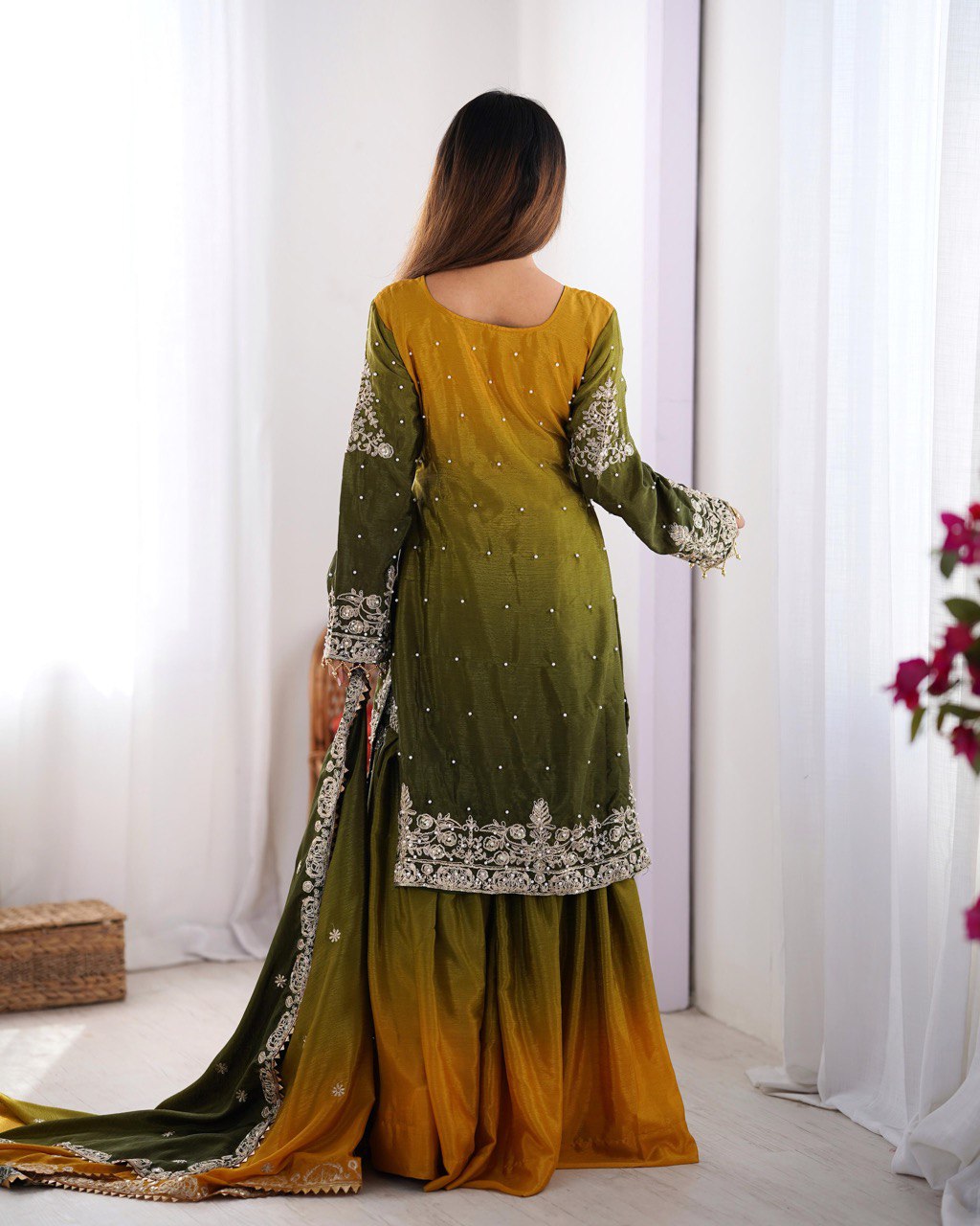 Good Looking Chinon Silk Rivet Moti Yellow Color Sharara Suit