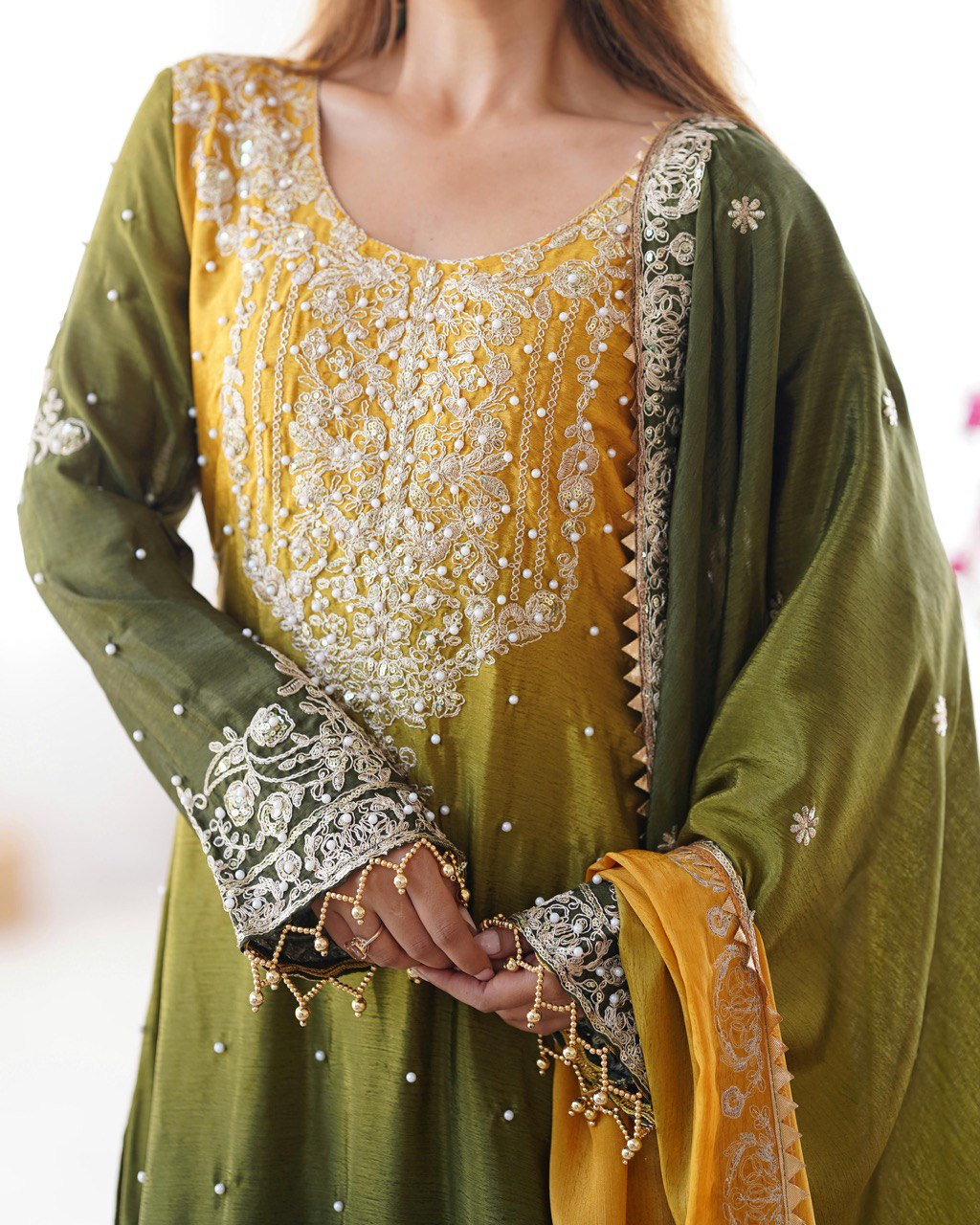 Good Looking Chinon Silk Rivet Moti Yellow Color Sharara Suit