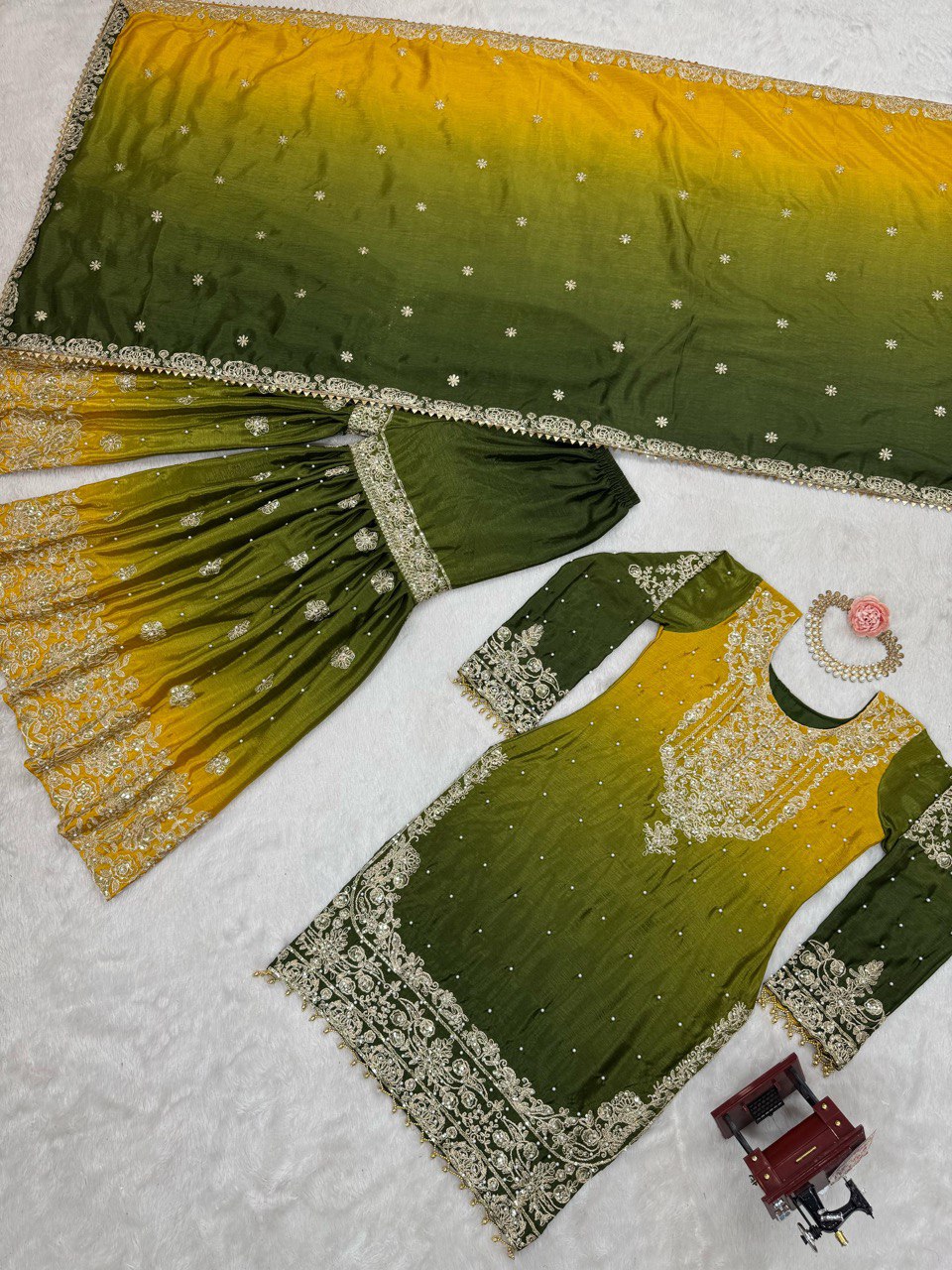 Good Looking Chinon Silk Rivet Moti Yellow Color Sharara Suit