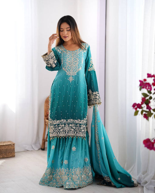 Good Looking Chinon Silk Rivet Moti Blue Color Sharara Suit