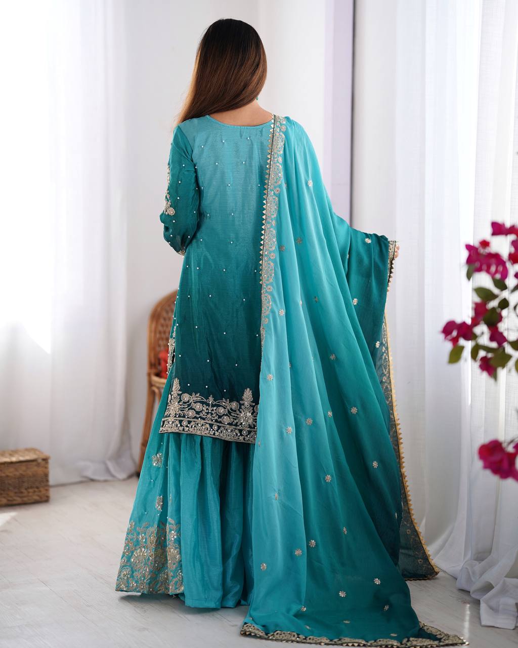 Good Looking Chinon Silk Rivet Moti Blue Color Sharara Suit