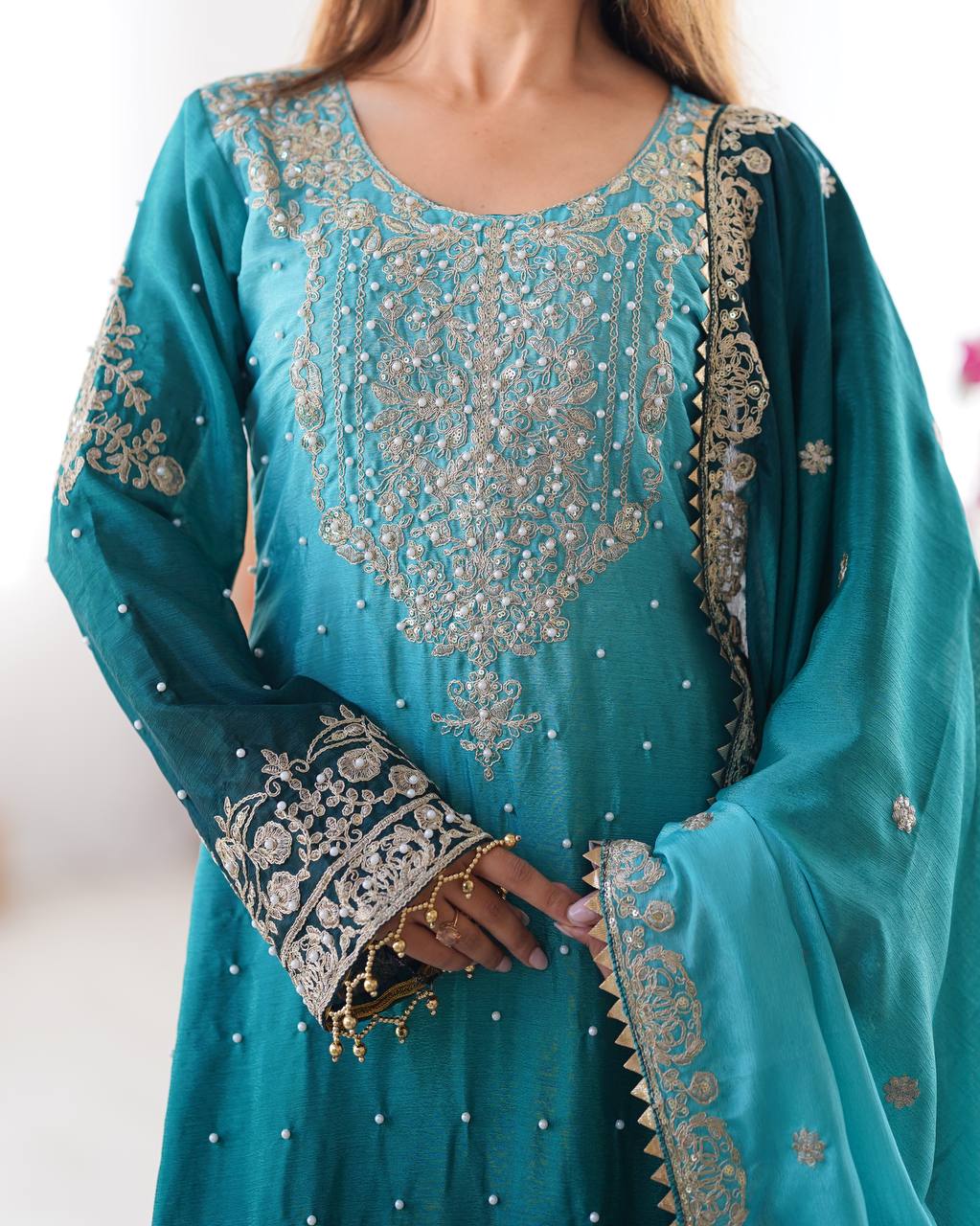 Good Looking Chinon Silk Rivet Moti Blue Color Sharara Suit