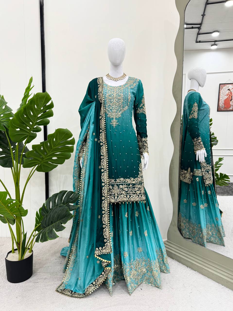 Good Looking Chinon Silk Rivet Moti Blue Color Sharara Suit