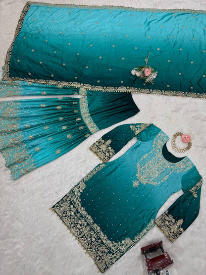 Good Looking Chinon Silk Rivet Moti Blue Color Sharara Suit