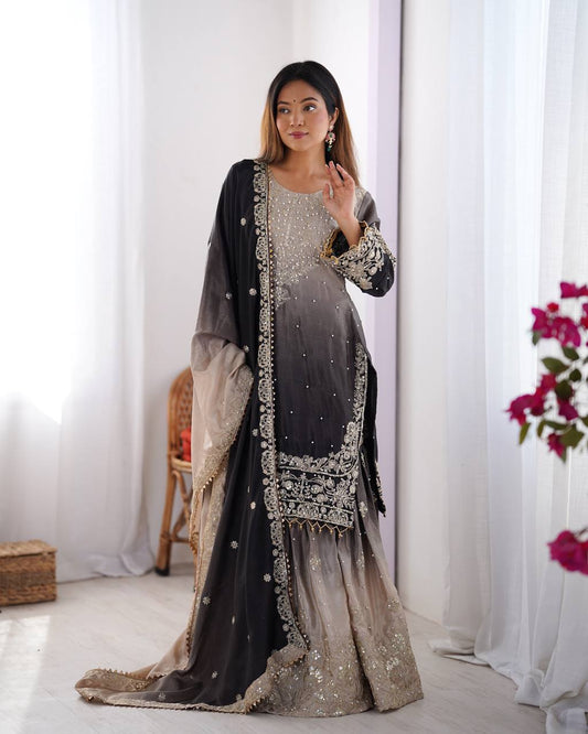 Good Looking Chinon Silk Rivet Moti Black Color Sharara Suit