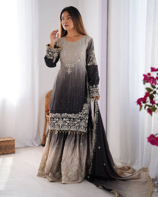 Good Looking Chinon Silk Rivet Moti Black Color Sharara Suit