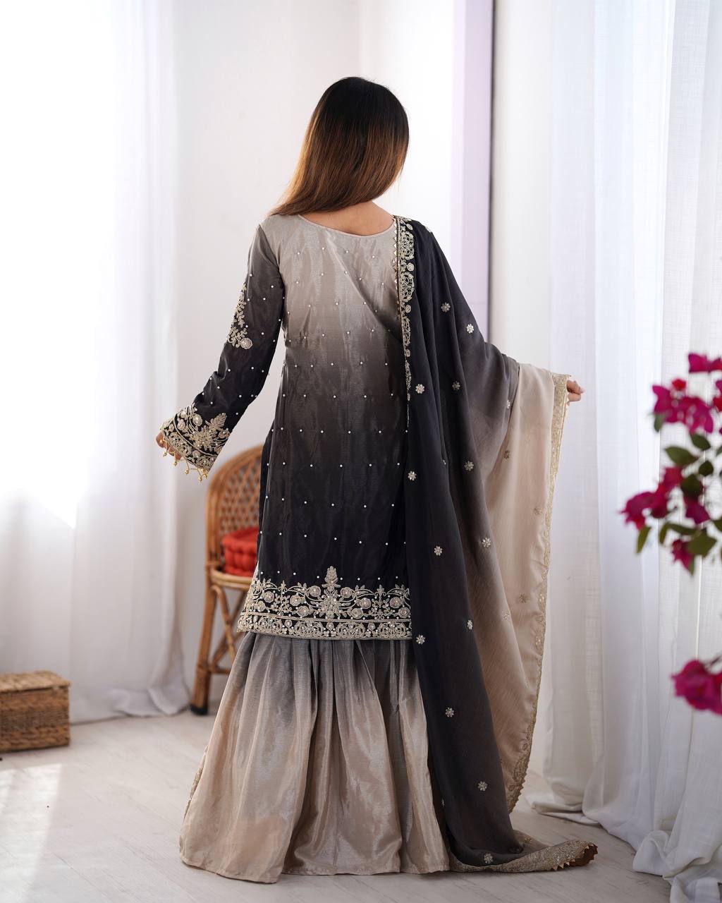 Good Looking Chinon Silk Rivet Moti Black Color Sharara Suit
