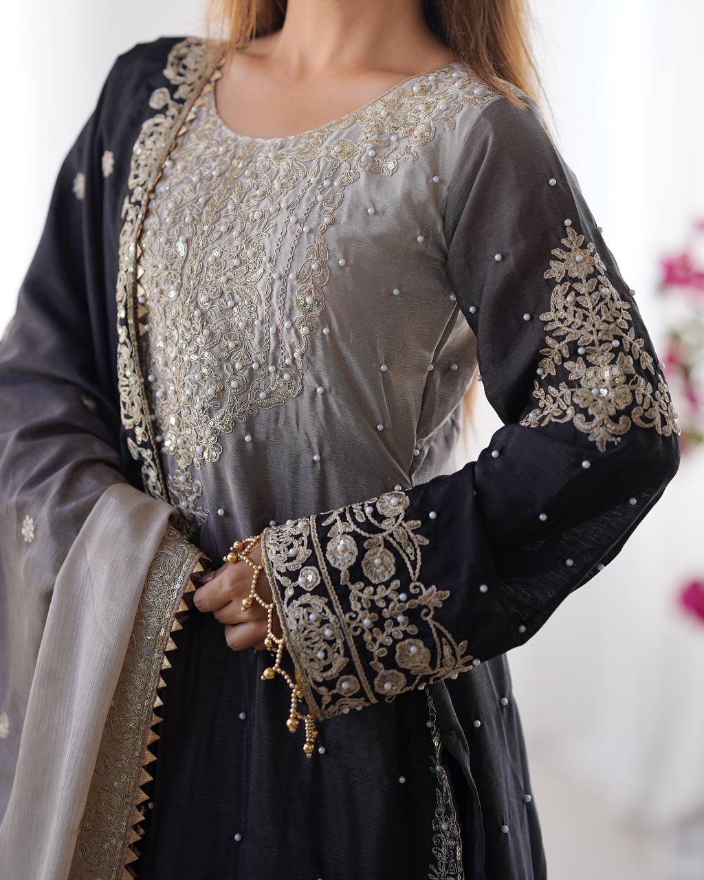 Good Looking Chinon Silk Rivet Moti Black Color Sharara Suit