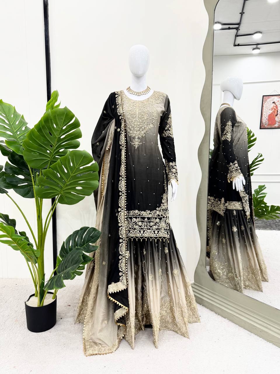 Good Looking Chinon Silk Rivet Moti Black Color Sharara Suit