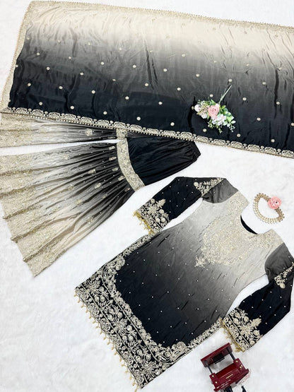 Good Looking Chinon Silk Rivet Moti Black Color Sharara Suit