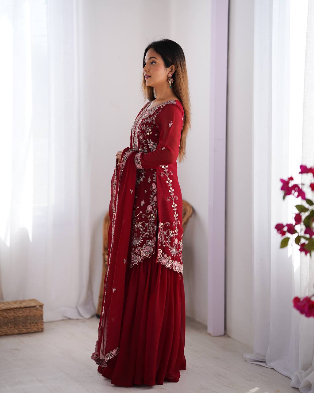 Eyes Catching Georgette Red Color Sharara Suit