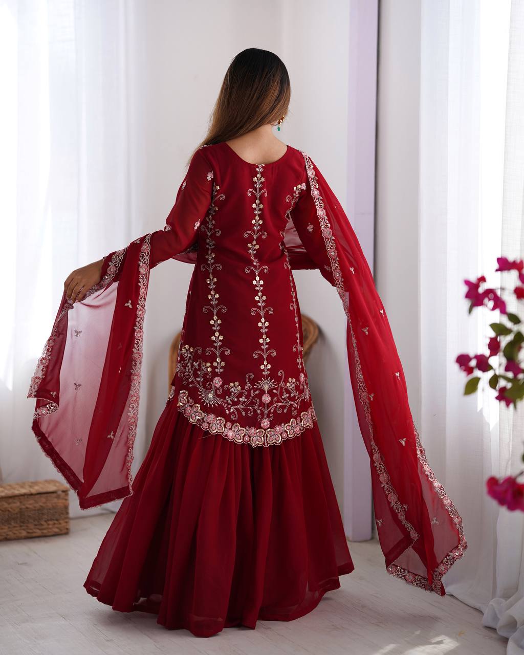 Eyes Catching Georgette Red Color Sharara Suit