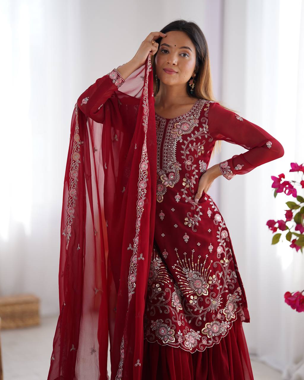 Eyes Catching Georgette Red Color Sharara Suit