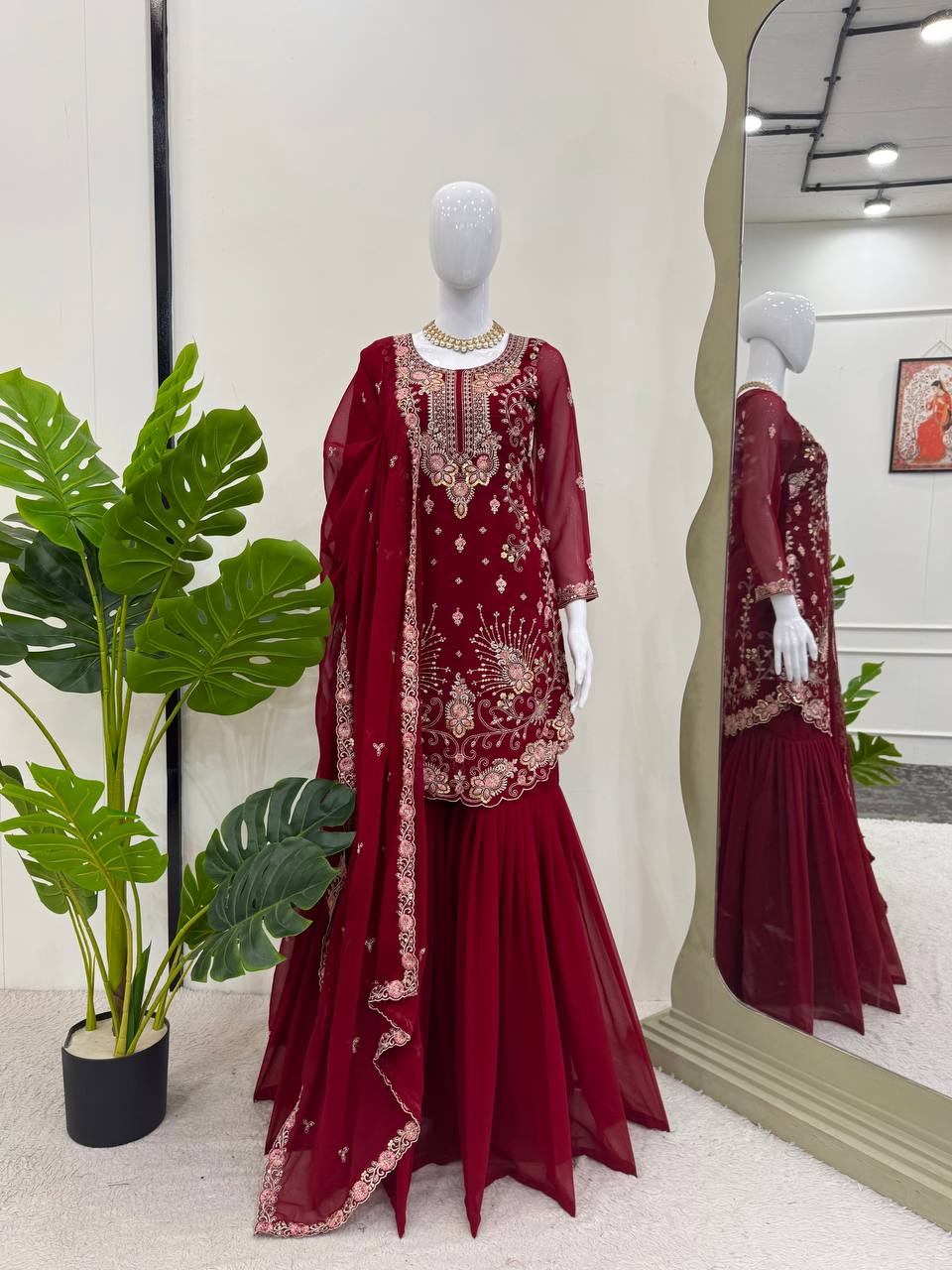 Eyes Catching Georgette Red Color Sharara Suit
