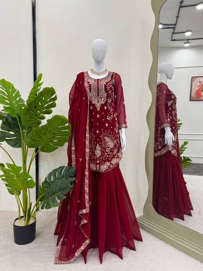 Eyes Catching Georgette Red Color Sharara Suit
