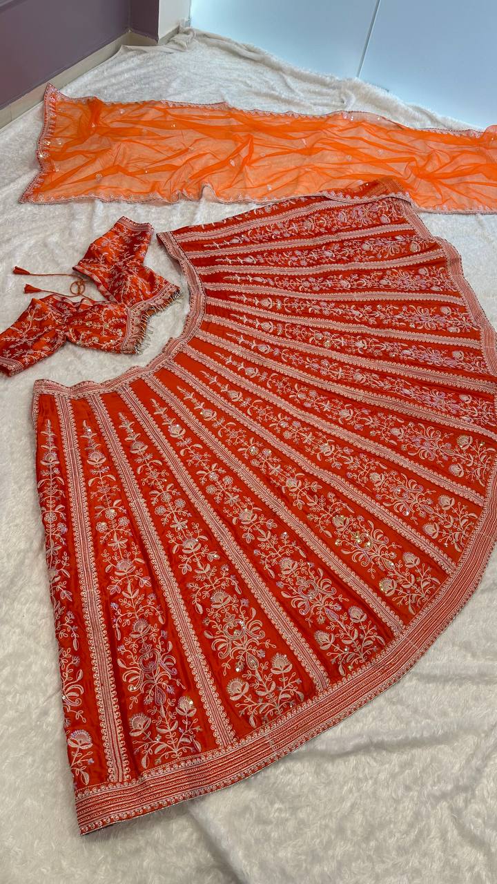 Fabulous Mulmul Silk Orange Color Lehenga Choli