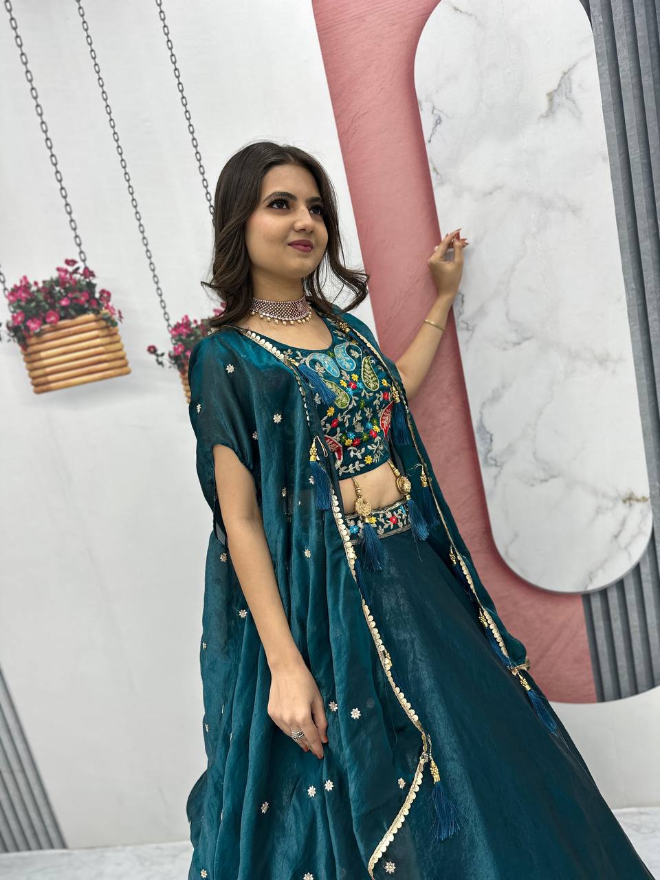 Fancy Embroidery Work Teal Green Color Lehenga Choli With Strug