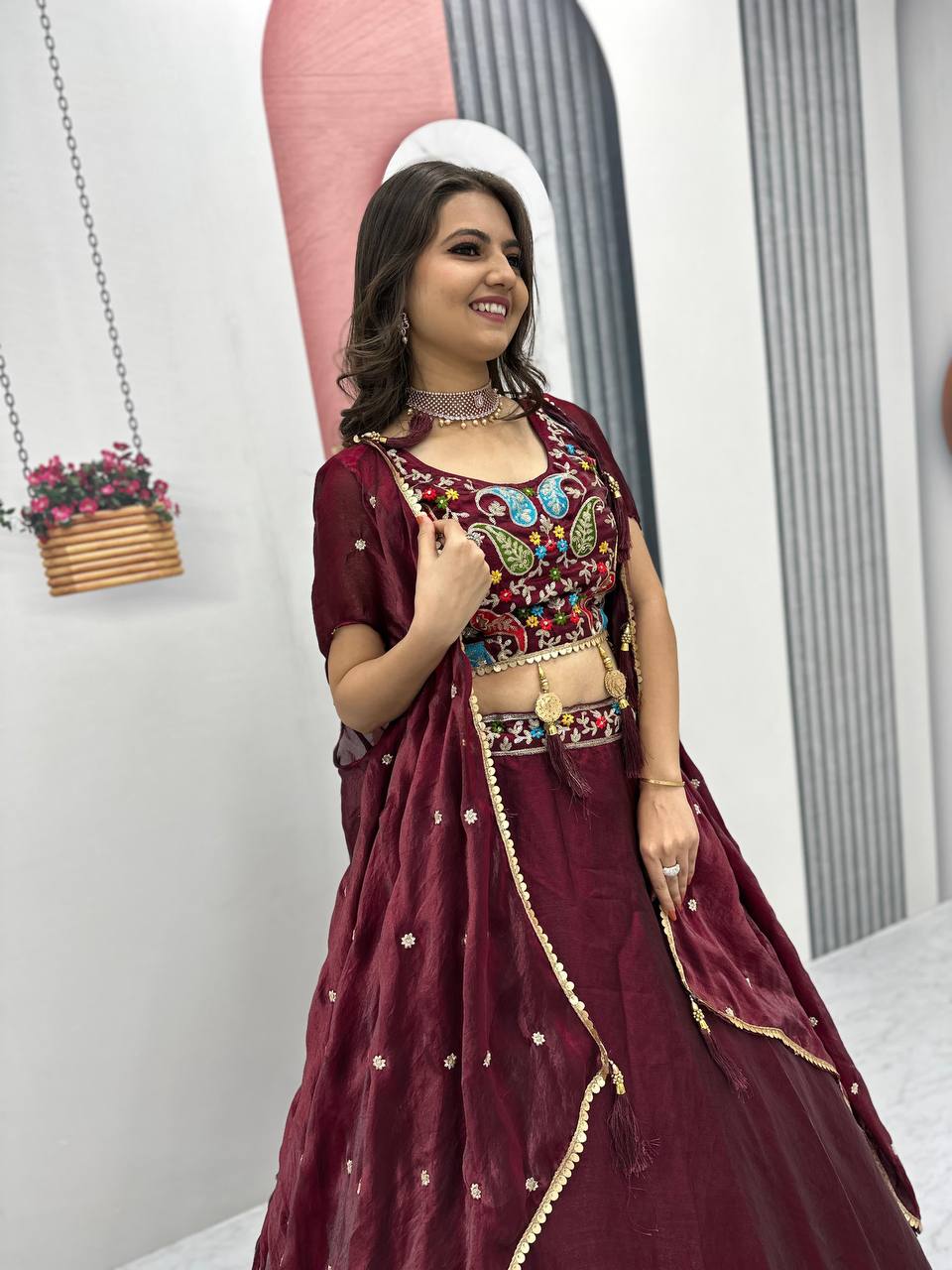 Fancy Embroidery Work Maroon Color Lehenga Choli With Strug