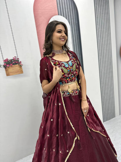 Fancy Embroidery Work Maroon Color Lehenga Choli With Strug